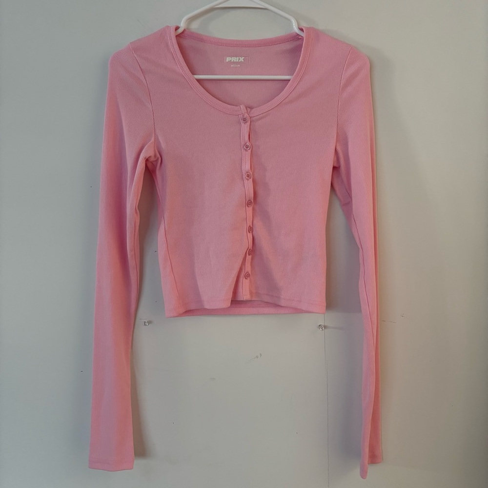 prix light pink ribbed button up long sleeve cropped shirt top💕